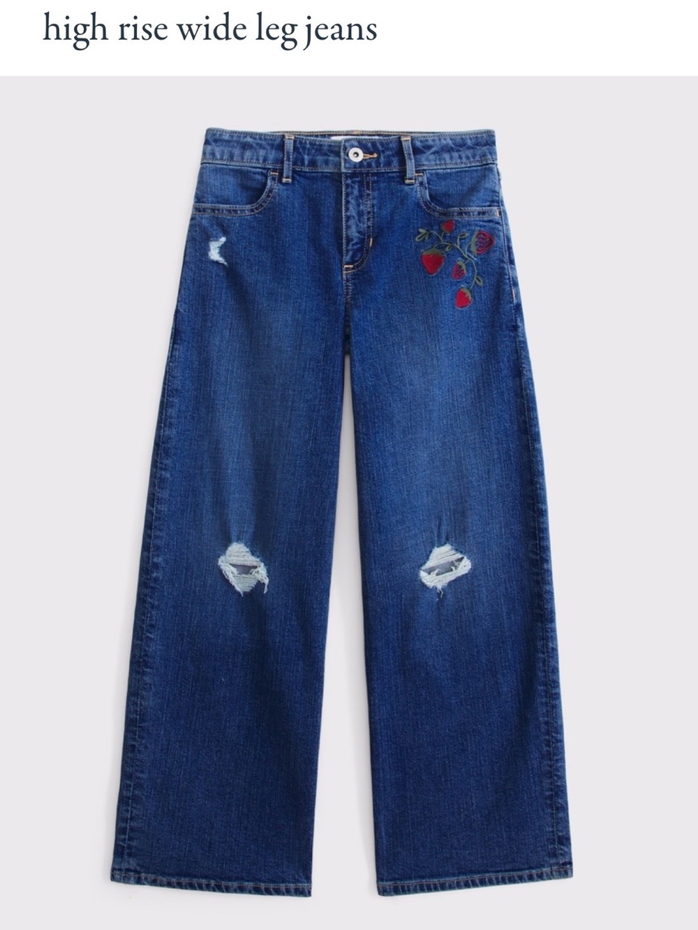 abercrombie kids Blue Wide-Leg High-Rise Jeans with Strawberry Embroidery